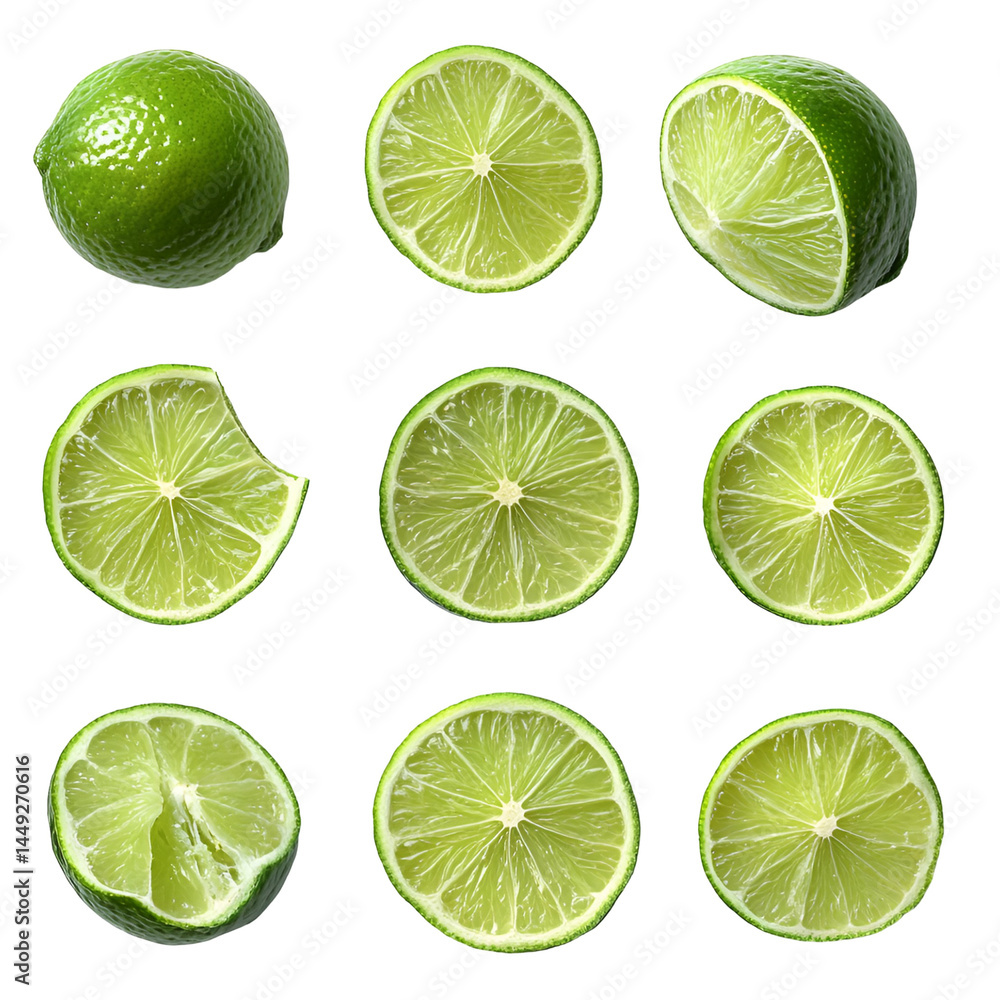 Fresh Limes Whole, Halved, Sliced, Juicy Citrus Fruit Fresh Limes Whole, Halved, Sliced, Juicy Citrus Fruit
