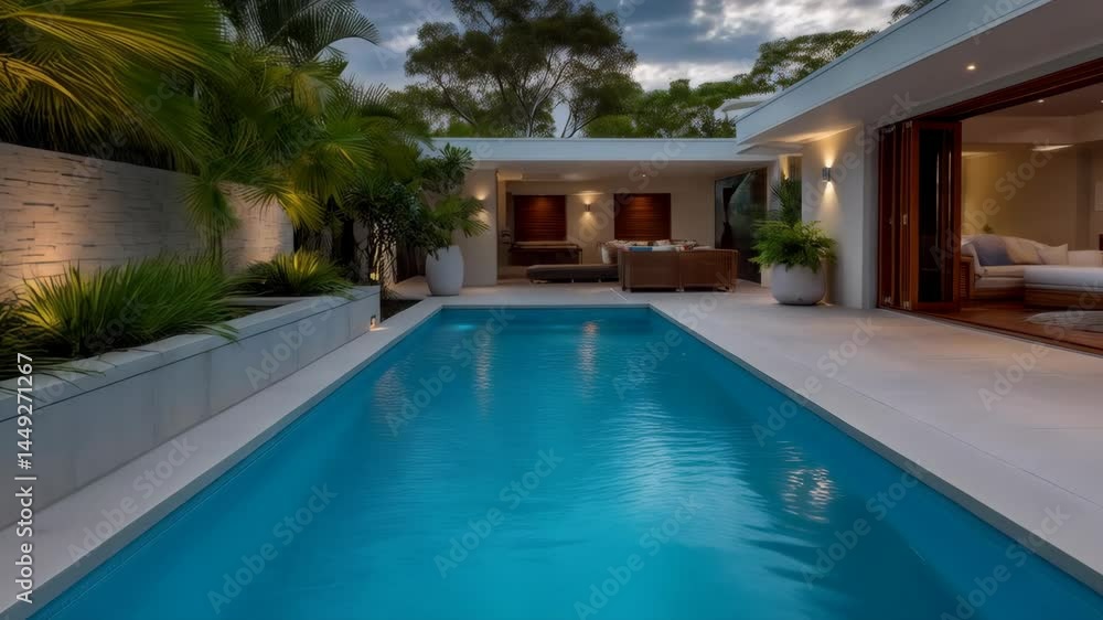 Luxurious villa with a swimming pool and garden near the living space, modern architecture for relaxation, holiday, and tropical paradise Luxurious villa with a swimming pool and garden near the living space, modern architecture for relaxation, holiday, and tropical paradise