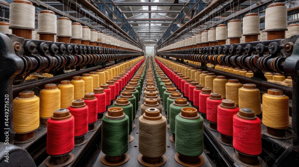 Obraz premium Industrial textile machine with colorful thread spools.