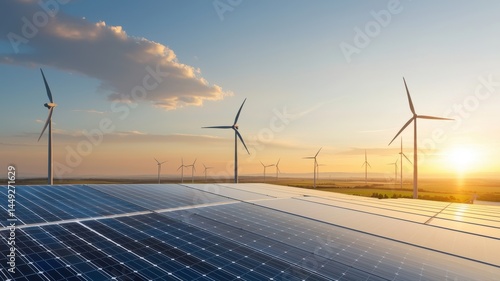 Solar Panels and Wind Turbines at Sunset - Clean Energy Future solar panels photovoltaic wind energy