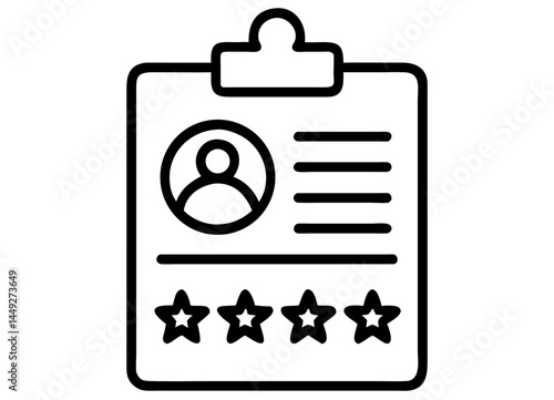 Rating System Clipboard Illustration – Profile Icon with Text Rows and Star Ratings in Minimalist Design for Reviews and Evaluation Themes