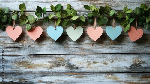 Colorful paper hearts adorn a weathered wooden wall.