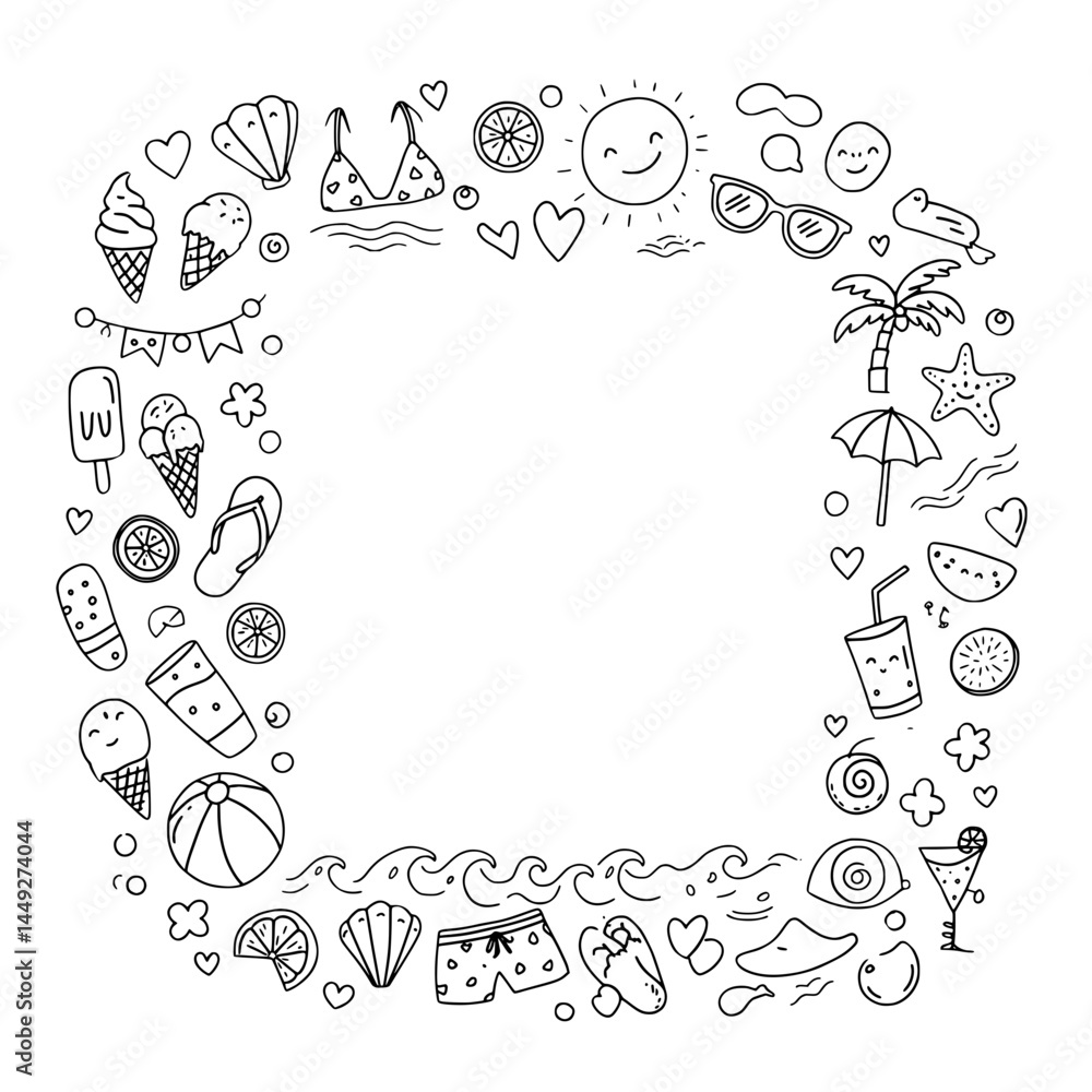 line doodle art frame of summer beach line doodle art frame of summer beach