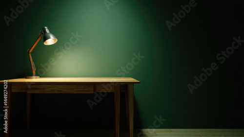 Wallpaper Mural Simple desk lamp, wooden table, dark green wall Torontodigital.ca