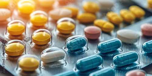 A close-up shot of various pills and capsules in a blister pack,