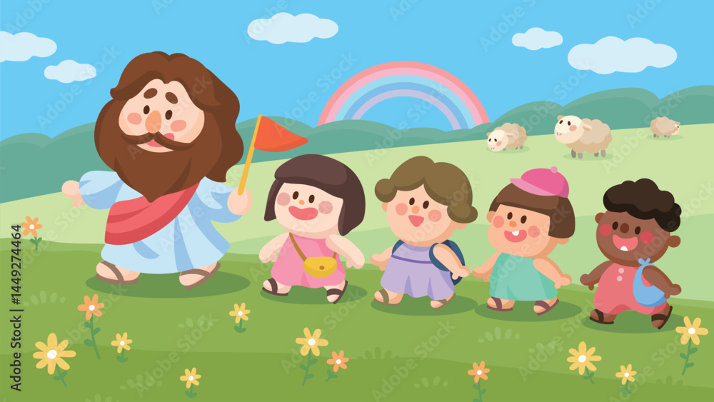 Cartoon Jesus walking with smiling children in a flower field Cute Christian Illustration for Sunday school and kids ministry Cartoon Jesus walking with smiling children in a flower field Cute Christian Illustration for Sunday school and kids ministry