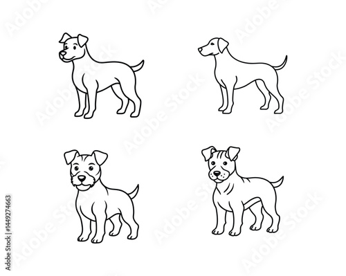 A set of black vector silhouette outline dog animal illustrations on white background. 