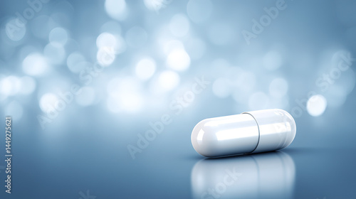 Sleek white capsule on minimalist blue background symbolizing pharmaceutical innovation for weight management, modern healthcare and medical treatment concept.