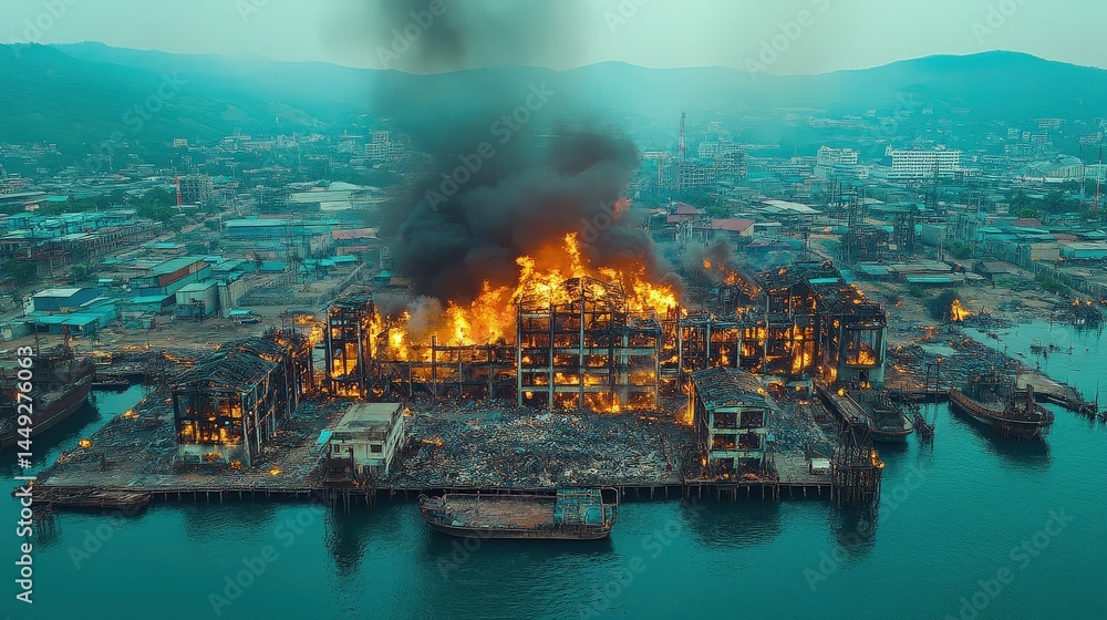 Obraz premium Aerial view of a burning industrial complex by a waterway.