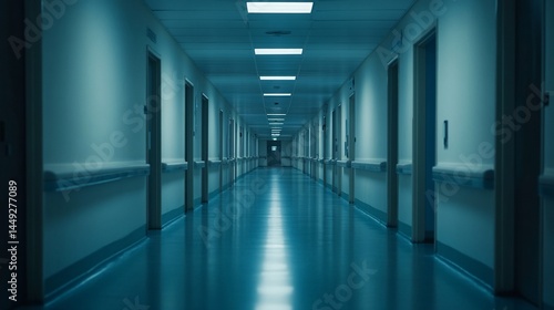 Empty hospital corridor at night.  A long, empty hallway stretches into the distance.  Dim lighting and cool tones create a sense of stillness and solitude