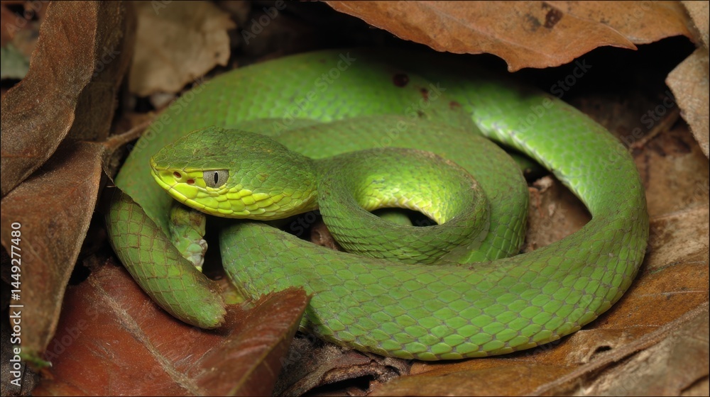 Fototapeta premium Emerald Pit Viper Coiled in Leaf Litter