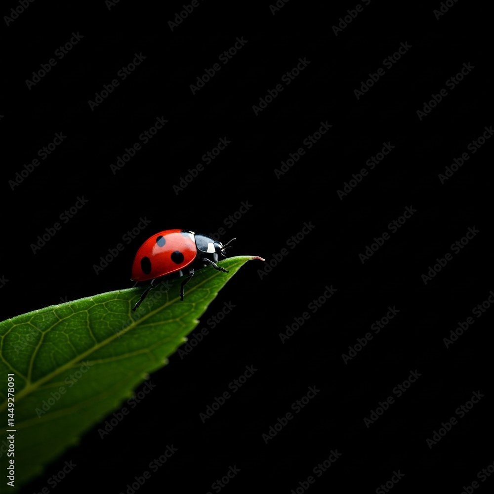Fototapeta premium red ladybug on green leaf isolated against black background
