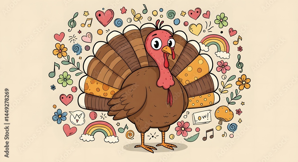 Obraz premium Cute Cartoon Turkey with Doodle Decorations Illustration for Thanksgiving