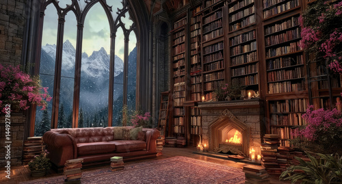 Grand library with mountain view. Cozy,  book-filled room with fireplace