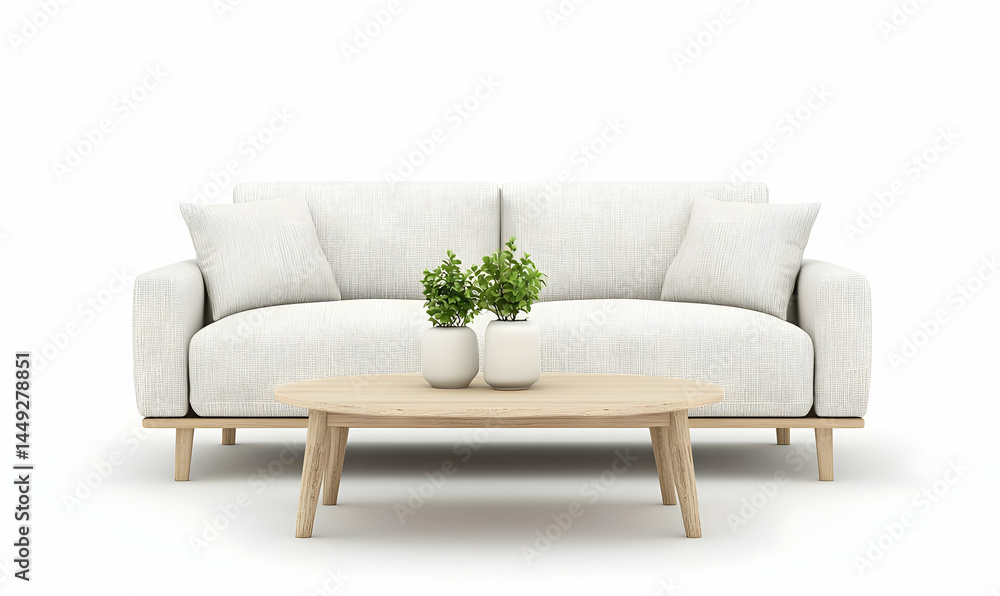 Naklejka premium Modern White Couch and Wooden Coffee Table with Green Plants Decor