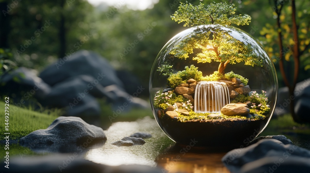 Fototapeta premium Crystal sphere terrarium, miniature ecosystem