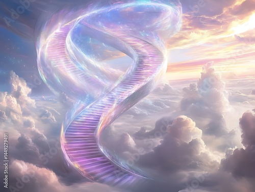 infinite staircase spiraling into clouds above an iridescent ocean