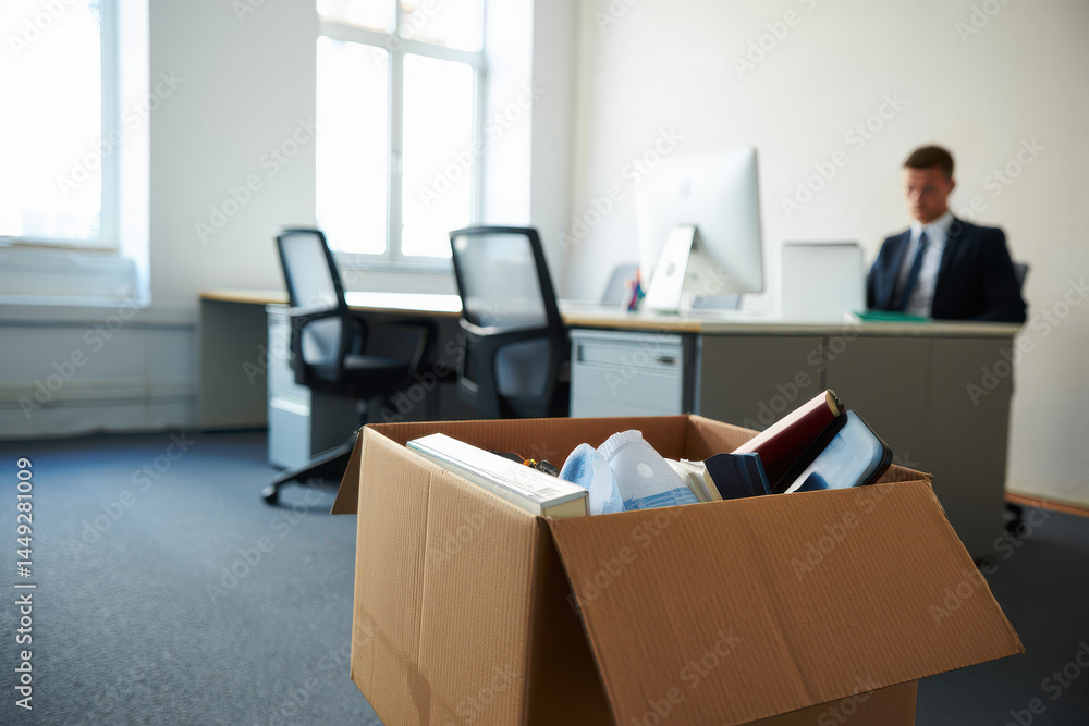 Fototapeta premium Empty Office Desk A Businessman's Departure and Cardboard Box of Belongings