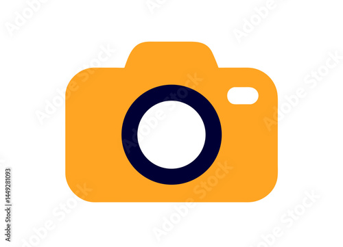 Stylized Orange Camera Icon with Blue Lens and Simplified Shapes – Modern Design for Photography and Tech Themes