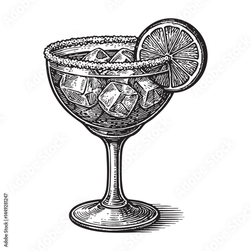 Margarita on the rocks woodcut engraving vector illustration