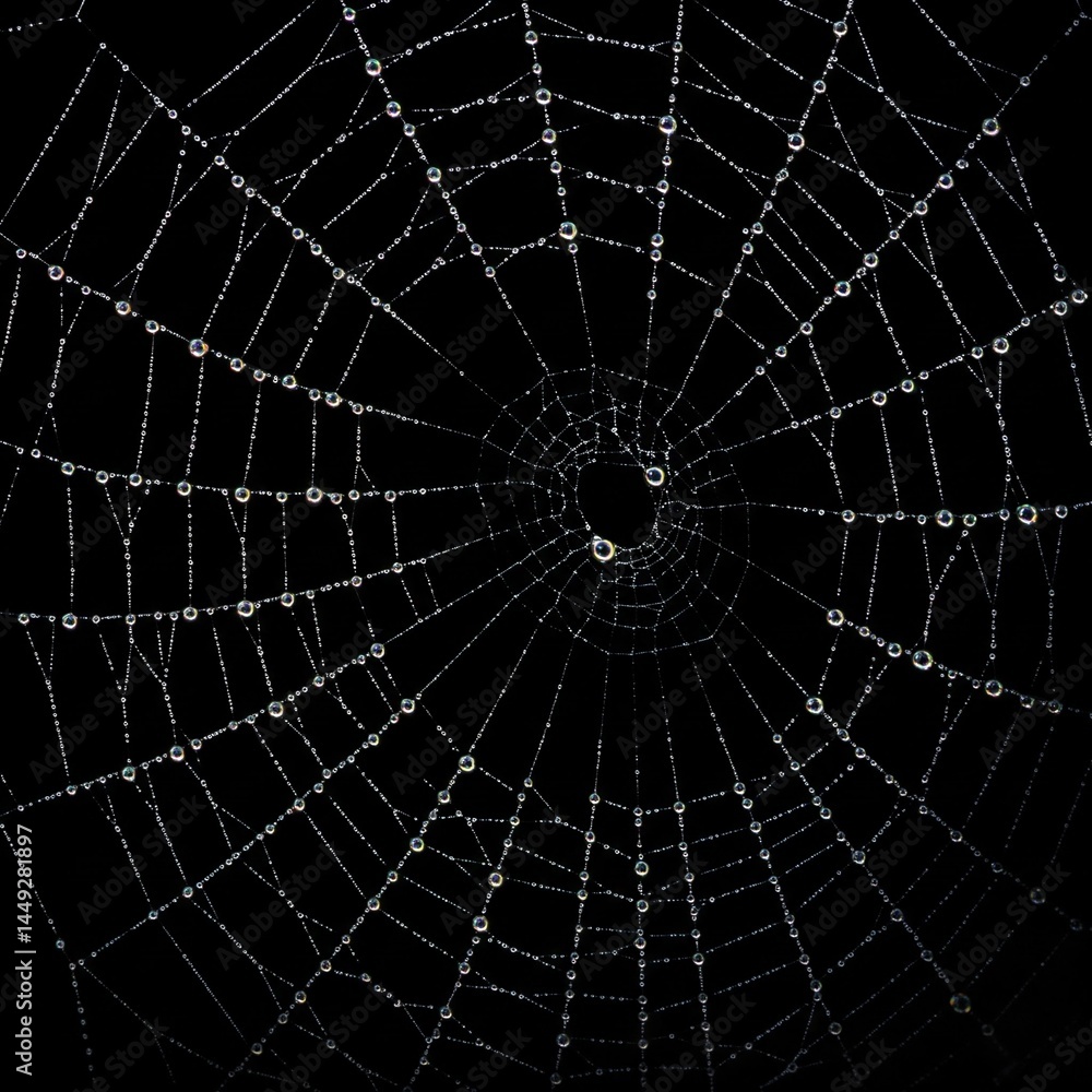 Fototapeta premium closeup macro photography of dewy spiderweb with iridescent raindrops isolated on black background