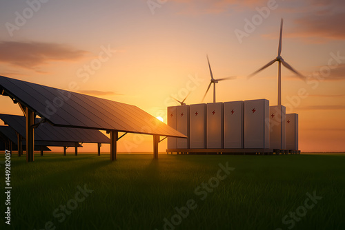 Dawn of new renewable energy technologies. Modern, aesthetic and efficient dark solar panel panels, a modular battery energy storage system and a wind turbine system in warm light. 3D rendering.