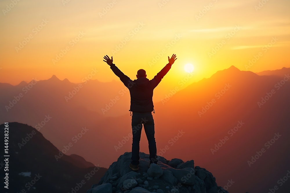 Inspirational Hiker on a Rocky Summit in Golden Morning Light Inspirational Hiker on a Rocky Summit in Golden Morning Light