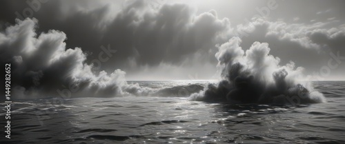 Subtle steam ascends from a dark, undulating sea; soft focus, black and white ,  waves,  photography,  dark waves