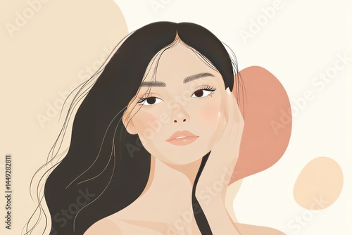 Asian woman touching cheek with gentle smile, beauty and wellness theme, minimalist composition