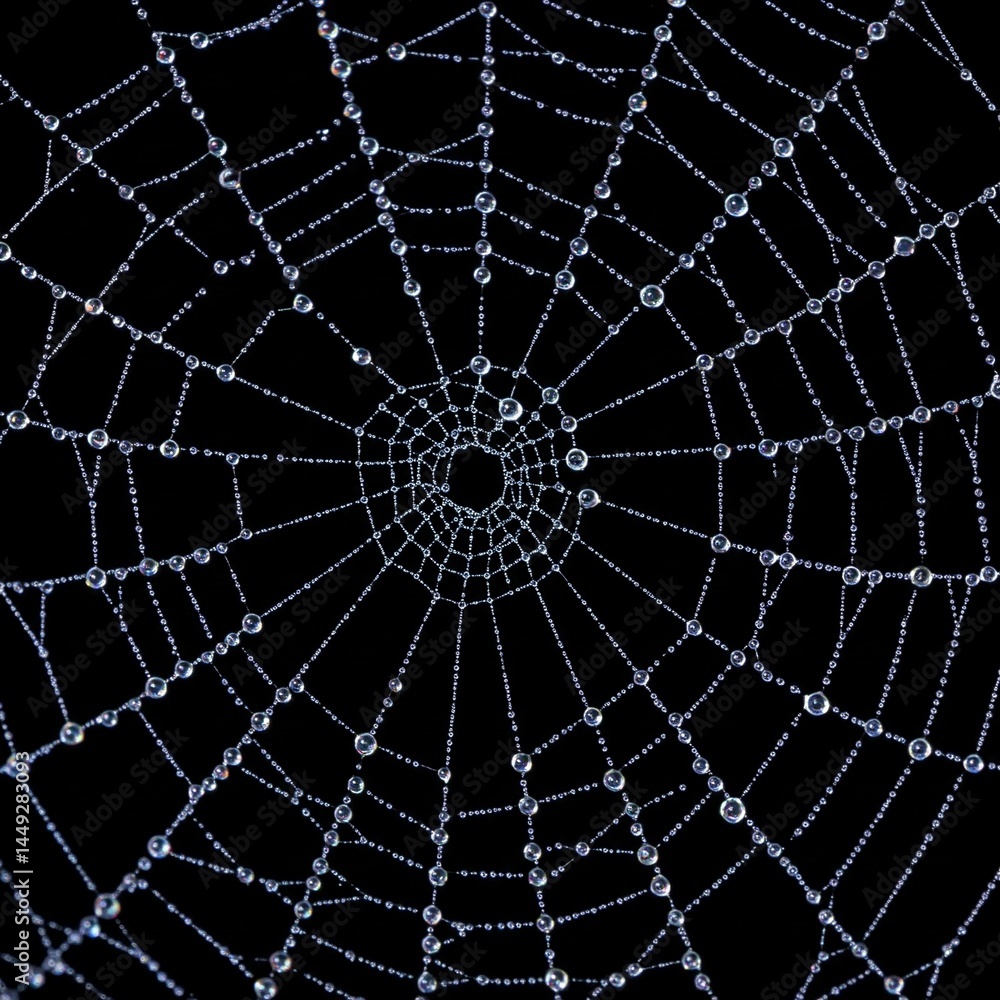 Obraz premium water droplets on a spider web with black background - nature close up macro photography