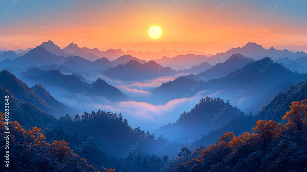 Majestic sunrise over misty mountain range. Majestic sunrise over misty mountain range.
