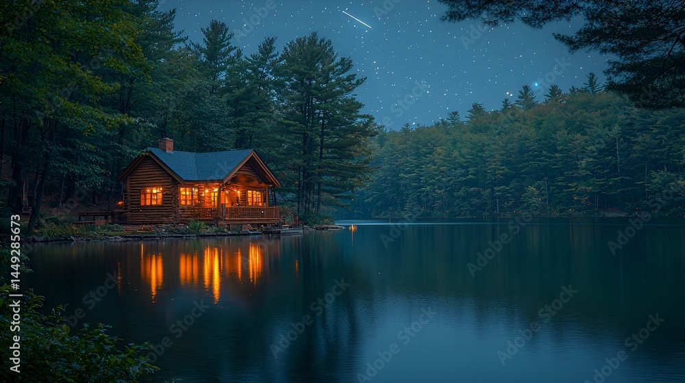 Fototapeta premium Lakeside cabin at night, stars, reflection.