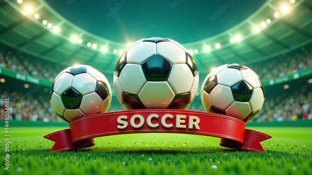 Fototapeta premium Soccer Balls Displayed With Banner Announcement