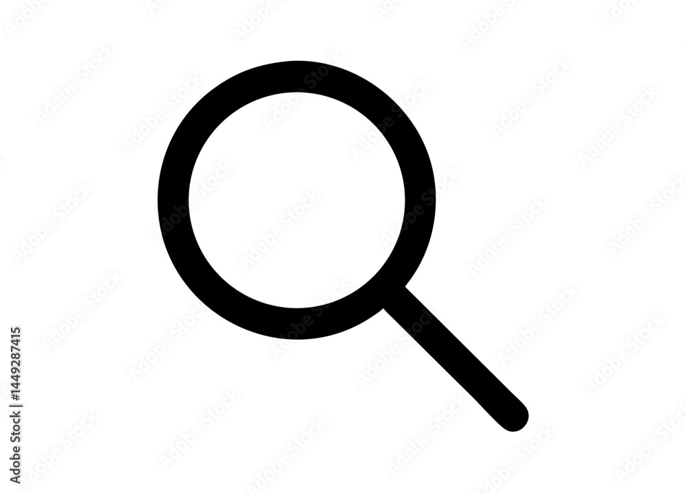 Black and White Icon of a Magnifying Glass with Circular Lens and Angled Handle – Minimalist Design Representing Search and Zoom Functions Black and White Icon of a Magnifying Glass with Circular Lens and Angled Handle – Minimalist Design Representing Search and Zoom Functions