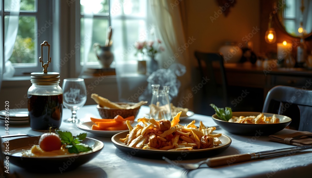 Tasteful arrangement of gourmet food on a table captured with cinematic lighting effects Tasteful arrangement of gourmet food on a table captured with cinematic lighting effects
