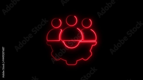 Glowing neon red teamwork and gear symbol animation on black background