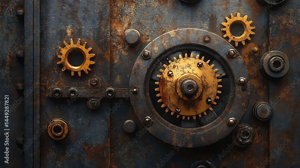 Metal door with ornate gears and bolt details; steampunk-inspired texture. Dark blues and golden hues Metal door with ornate gears and bolt details; steampunk-inspired texture. Dark blues and golden hues