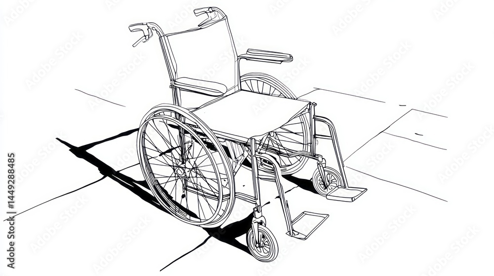 a wheelchair on a sidewalk. a wheelchair on a sidewalk.