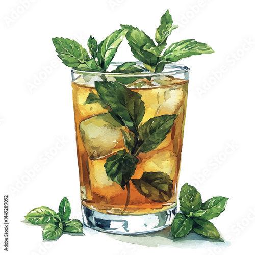 watercolor of Refreshing Iced Tea With Mint Leaves, vector, isolated on a white background.
