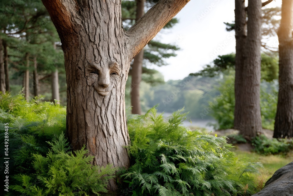 Fototapeta premium Ancient smiling tree spirit carved in the trunk in a forest
