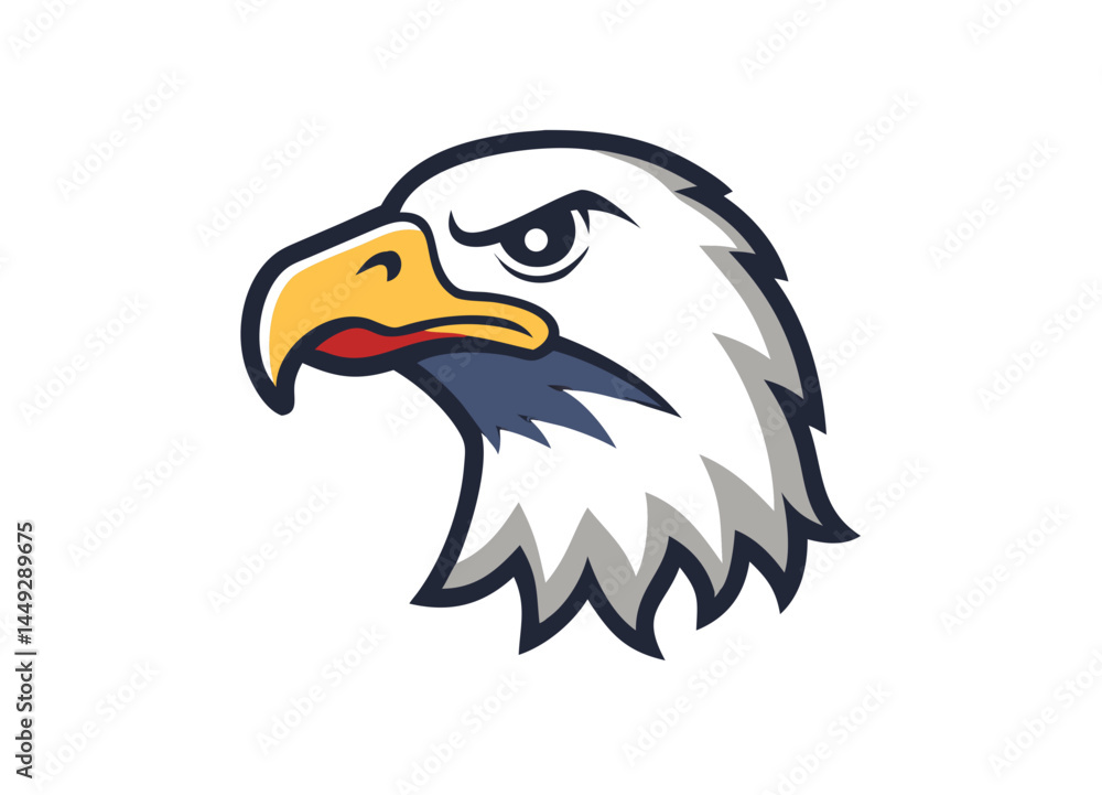 Fototapeta premium Stylized Illustration of a Bald Eagle's Head – Bold Design with Yellow Beak, Fierce Expression, and Blue Accents Symbolizing Strength and Freedom