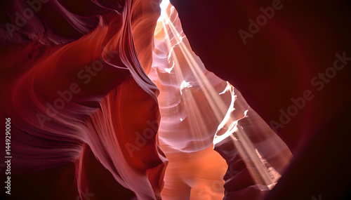 Sunlight pierces the sculpted walls of Antelope Canyon, illuminating sandstone waves with ethereal beams and painting a breathtaking masterpiece of natural light and color