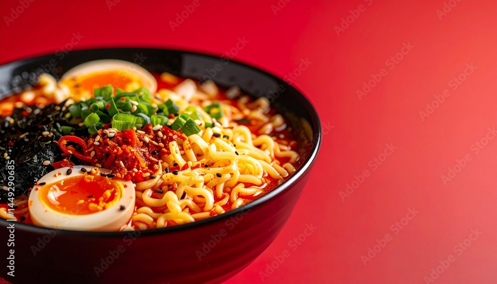 Close-up of a bowl of ramen with toppings, solid background color (rich red), studio lighting with open space in the middle, focusing on noodle texture Close-up of a bowl of ramen with toppings, solid background color (rich red), studio lighting with open space in the middle, focusing on noodle texture