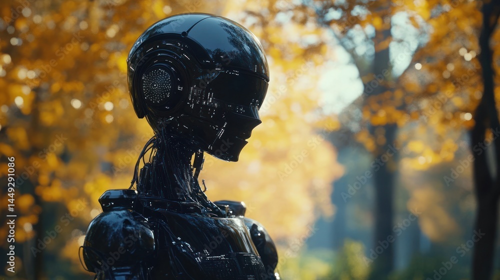 Futuristic robot in autumnal park Futuristic robot in autumnal park