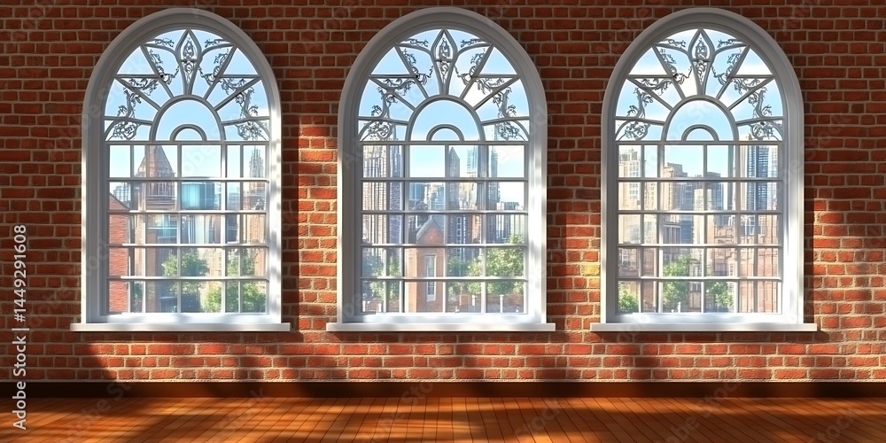 Fototapeta premium Interior with arch windows overlooking cityscape, architectural visualization