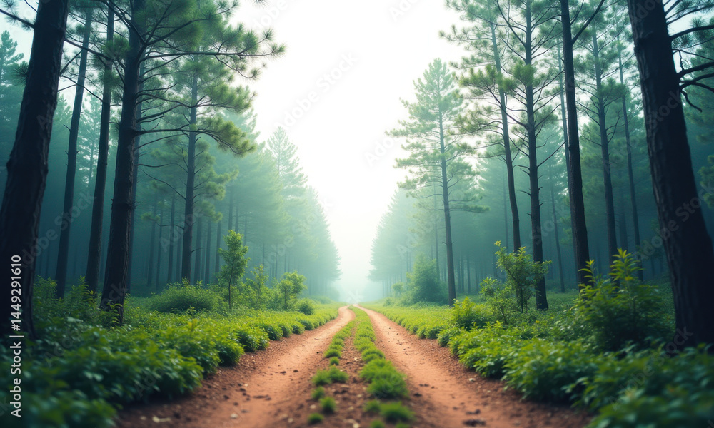 Obraz premium Misty Forest Path, Nature Trail, Serenity - Ethereal/Mystical Photo.