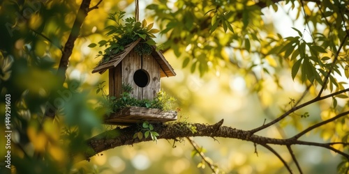 Rustic Birdhouse Nestled in Old Oak Tree