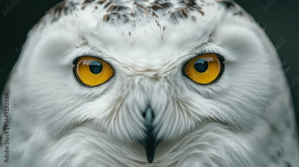 Fototapeta premium Close-up of a majestic snowy owl with piercing yellow eyes, detailed feathers, beak, and intense gaze in a natural outdoor setting du daytime