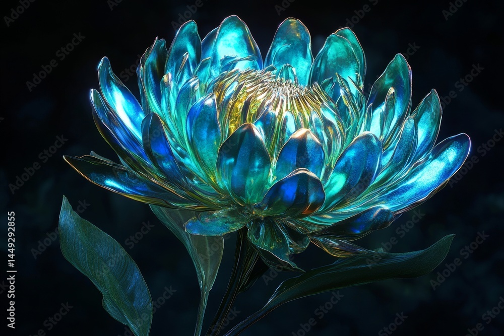 Obraz premium Vibrant, glowing flower with a metallic sheen against a dark backdrop.