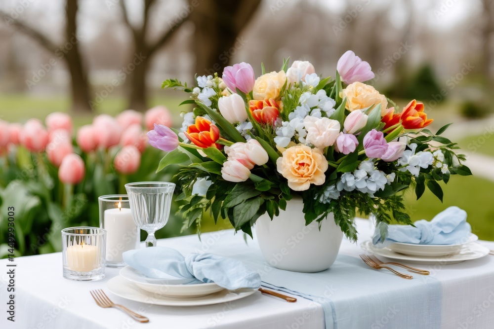 Spring table setting with colorful tulips and roses centerpiece illuminating romantic dinner Spring table setting with colorful tulips and roses centerpiece illuminating romantic dinner